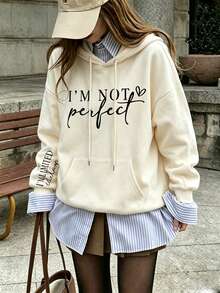 Front & Side Sleeve Handwritten English Slogan Sweatshirt, Confident Relaxed Vibe Daily Layering Top Fall Casual - Apricot - View 7