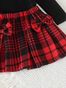 Set 2pcs Baju Rajut Lengan Panjang Bergaris untuk Bayi Perempuan & Rok Pita Kotak-kotak, Lucu untuk Musim Semi/Gugur - Hitam - View 6