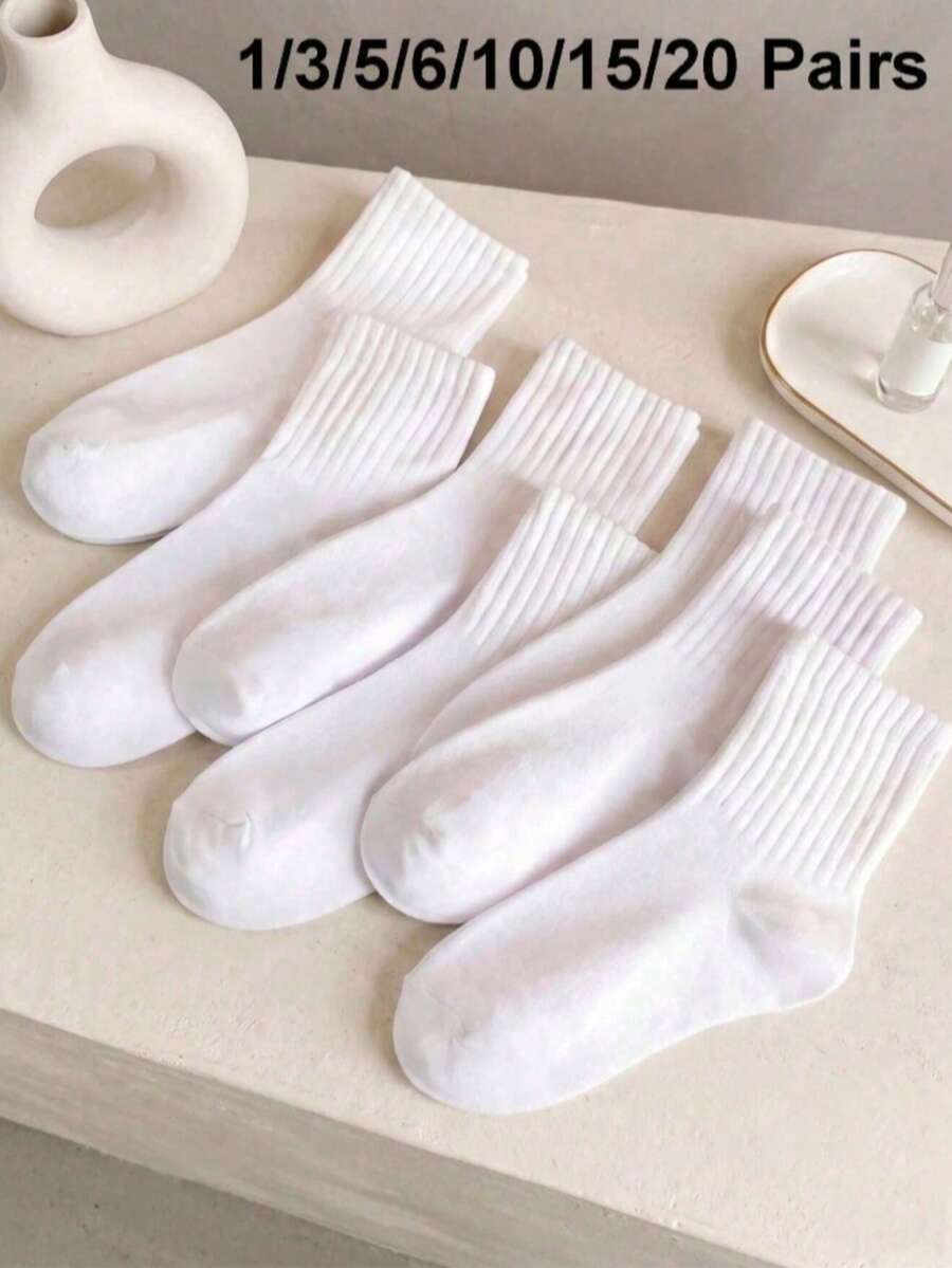 1/3/5/6/10/15/20 Pairs Solid Color Women's Casual Mid-Calf Socks, Unisex, Women's Socks, Gift For Boyfriend - White - View 1