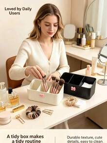 2/1pc Bowknot Decoration Grid Storage Box Three Grid Vertical Pattern Cosmetics Storage Box Dressing Table Lipstick Makeup Brush Sorting Box Bathroom Desktop Miscellaneous Storage Box - View 3
