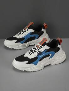 Sepatu Sneakers Pria Fashion dengan Patch Huruf Warna Kontras di Bagian Depan, Sepatu Sneakers Tebal Nyaman Serbaguna untuk Aktivitas Luar Ruangan, Terbuat dari Kulit dan Jala. - Putih dan hitam - View 6