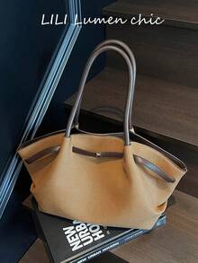 Minimalist Elegant Tote Bag, Soft Pleated Body With Extended Handle Strap, Contrast Trim Accents, Metal Square Buckle Detail On Front, Open Top Design For Easy Access, Spacious Interior Storage, Clean And Generous Silhouette, Suitable For Daily Commute And Outings, Easily Matches Various Outfits - Brown - View 5