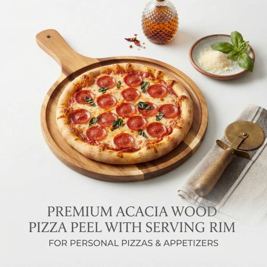 Tábua de Pizza de Madeira, Tábua de Queijo, Bandeja, Prato de Pizza de Alta Qualidade com Alça, Tábua de Corte de Pizza de Madeira Natural, Adequada para Pizza Caseira, Corte de Frutas e Vegetais, Pão, Queijo, Utensílios de Cozinha, Acessórios de Cozinha, Adequada para Natal, Halloween, Páscoa - Visão 1