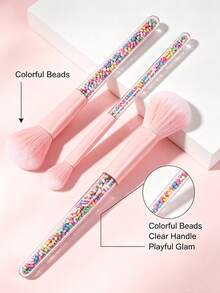 1set Cute Candy‑Toned Makeup Brush Set, Transparent Handles Filled With Colorful Beads, Soft Fluffy Bristles, Multi‑Purpose Cosmetic Brushes, Travel Essentials, Makeup Brush Set, For Vanity Desk & On‑The‑Go Makeup Application - Multicolor - View 9