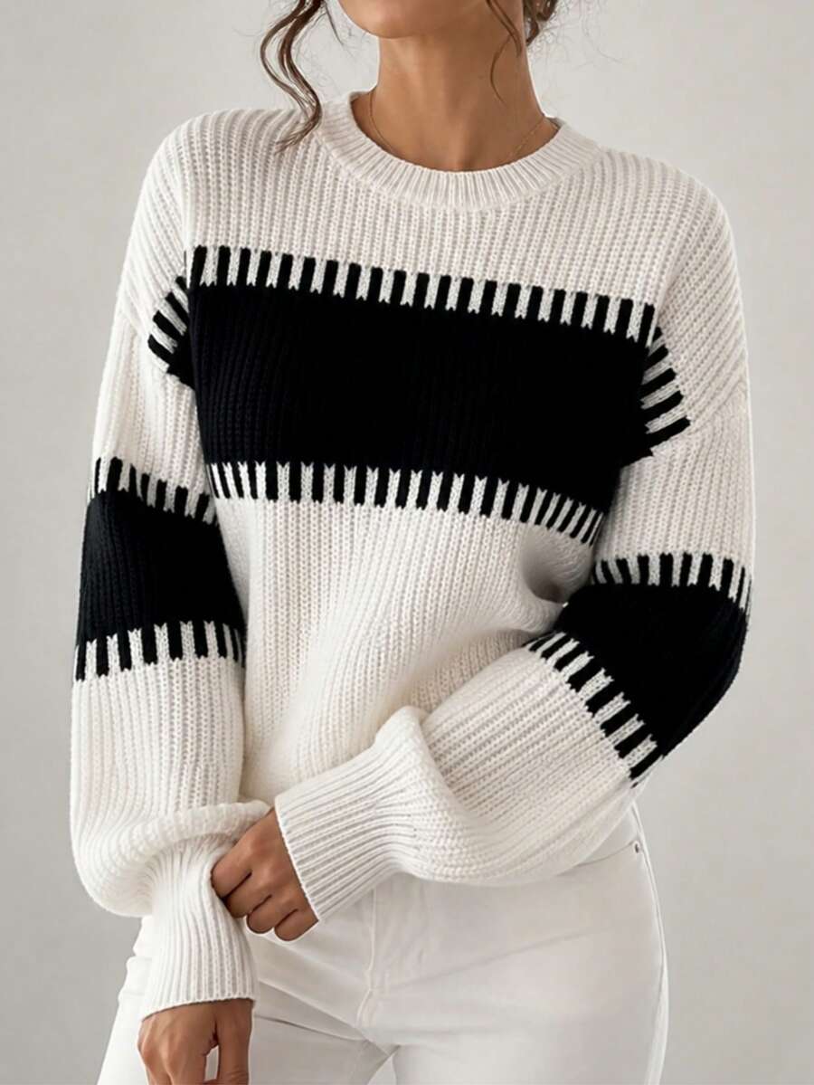 Women's Plus Size Striped Ribbed Knit Pullover Sweater, Long Sleeve Round Neck Drop Shoulder Design, Comfortable Autumn/Winter Outfit - Black and White - View 1