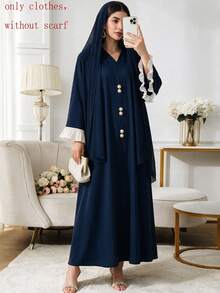 Women's Autumn Solid Color Conservative Long Dress, V-Neck Design, Casual Loose Daily Party Long Dress Fall - Navy Blue - View 1