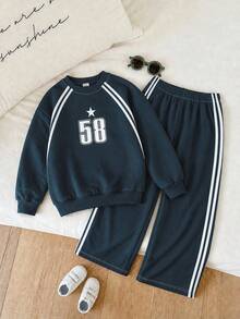 2pcs Navy Blue Drop Shoulder Crew Neck Sweatshirt + Side 3 White Vertical Stripes Wide Leg Long Pants, Star 58 Number Print Vintage Boys Sports Set - Blue - View 3