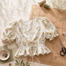 V-Neck Front Tie Puff Sleeve Cropped Blouse Pattern, Kraft Paper Hard Cardboard, Suitable For Beginners, French Floral Ruffle Blouse Handmade Pattern, Gift For Women's Clothing Handmade Enthusiasts - Multicolor - View 3