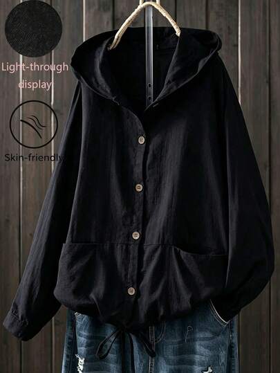 Women's Spring/Autumn Top, Vintage Loose Casual Shirt, Plus Size Women's Loose Hooded Button-Up Top With Adjustable Drawstring Hem - Casual Vacation, Layered Design, Solid Color Fashion, Solid Color Front Button Drawstring Pocket Casual Black