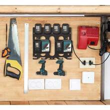 Großer, wandmontierter Organizer für Elektrowerkzeuge, Halterung für robuste Bohrmaschinen, Werkzeugaufbewahrung, Batteriefach für Werkstatt, Schuppen, Keller - Blau - Übersicht 3