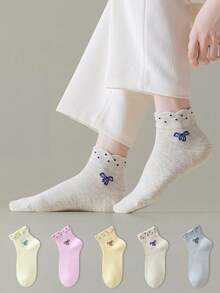 ZUJO 5 Pairs Candy Color Women's Bowknot Ruffle Short Socks, Cute Bowknot Pattern, Breathable And Comfortable, Suitable For All Seasons, Random Color Delivery - Multicolor - View 3