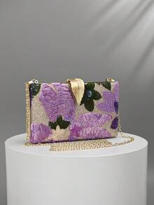 1件優雅花卉刺繡手拿包，女士優雅葉形金屬亮片晚宴包，適合派對與婚禮（隨機剪裁） - 紫色 - 查看 2