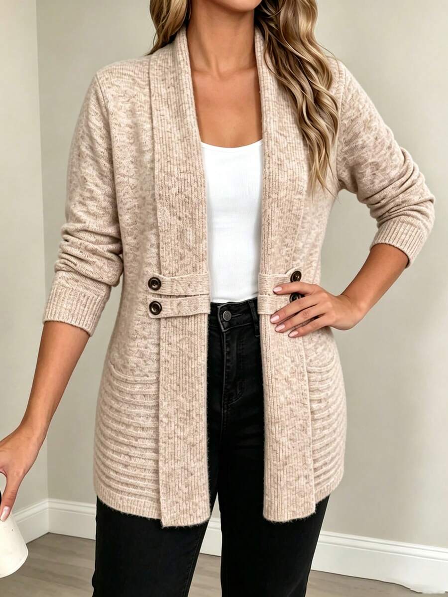 Women's Plus Size Ribbed Knit Cardigan With Button Detail, Suitable For Autumn/Winter Outerwear