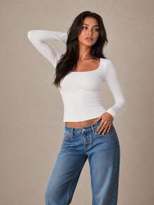Small White Long Sleeve Cropped Square Neck Slim Fit Basic Casual Top, Spring/Autumn Layering, Slim Fit Streetwear Top - White - View 3