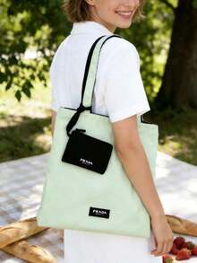 Prada Reversible Dual Color Nylon Tote Cosmetic Bag, Light Green Black Two Sided Design With Detachable Small Zipper Purse Portable Large Storage Handbag Women Elegant Gift PRADA-GIFT-2 - Mint Green + Black Two-tone - View 3