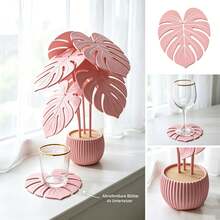 6Pcs Monstera Leaf Coaster Set With Planter Holder, Modern Green Stackable Non-Slip Beverage Coaster Set, Suitable For Living Room Office Desktop, Aesthetic Style - Multicolor - View 4