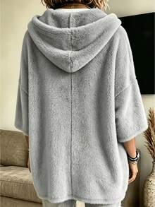 Plus Size Women's Autumn/Winter New Solid Color Casual Loose Drawstring Sweatshirt - Grey - View 2