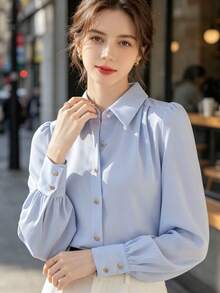 女款優雅藍色襯衫，輕奢高端通勤風，四季皆宜，專業外套上衣，純色前扣鈕扣 - 藍色 - 查看 3
