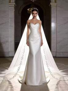 2026 Long Lace Veil, 1pc 95cm Eyelash Lace Train, Built-In Metal Comb, Suitable For Church And Cathedral Weddings, Bohemian Style - White - View 7
