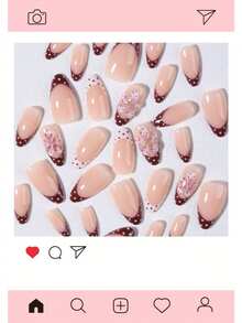 30pcs French Almond Shape Press-On Nails, Polka Dot Design, 3D Gel Flower Pattern, Decorated With 3D Steel Ball Beads, Acrylic Material. Includes 1 Sheet Jelly Glue And 1 Nail File. - Multicolor - View 5