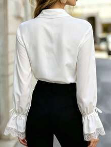 Plus Size White Shirt Collar Top, Contrast Lace Ruffle Long Sleeve, Slightly Sheer Woven Fabric, Elegant Autumn Outfit - White - View 5