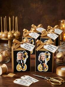 7/14/21pcs Customized Photo Milestone Birthday Stickers, Personalized Face 60th Birthday Decals, Black & Gold Balloon Formal Design, Self-Adhesive Gift Bag Stickers, Adult 60th Birthday Party Favor Decorations - Multicolor - View 5