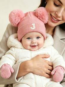 3pcs/Set Baby Letter Knit Hat And Gloves Set, A-Z Double Pom Pom Knit Hat + Knit Gloves, Elastic Warm Winter Accessories, Suitable For Baby Toddler Girls - Pink - View 3