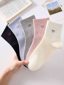 5 Pairs Women's Heart Pattern Mid-Calf Socks, White, Pink, Black, Casual Comfortable Mid-Calf Socks, College Style Student Socks, Fashionable Comfortable Suitable For Daily Wear, Spring Summer Autumn Winter All Seasons - Multicolor - View 14