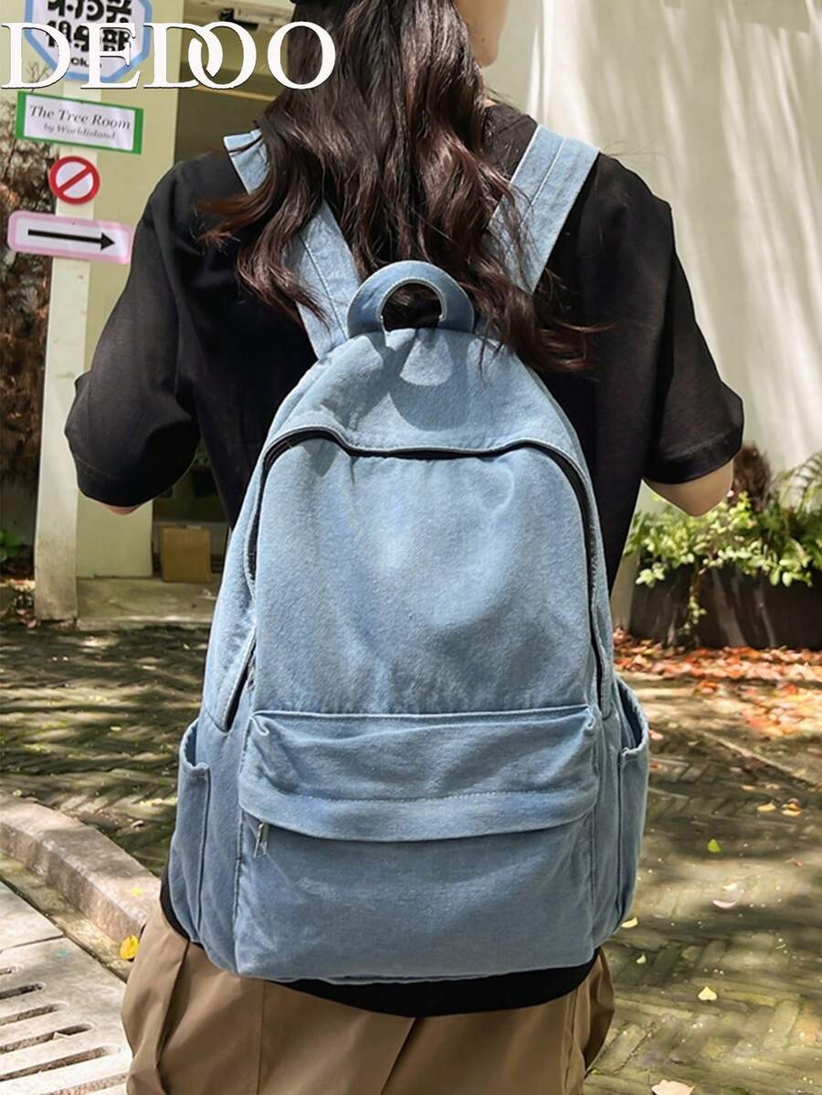 Dedoo 時尚後背包 大容量輕量收納 復古街頭工裝風 校園開學季 全季節適用 中性款 - 淺藍色 - 查看 1