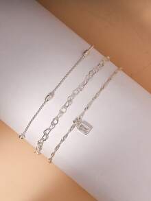 Nooxian 3pcs/Set Silver Fashion Elegant Beaded Chain & Heart Clasp Multi-Layer Stackable Geometric Rectangular Copper Zirconia Pendant Women's Bracelet Set (Random Bead Count) - Silver - View 2