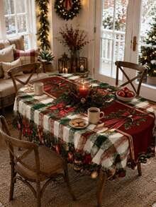 Christmas Plaid Tablecloth, Wavy Edge, Red & Green Buffalo Check Snowflake Print Polyester Tablecloth, Rustic Farmhouse Style Holiday Table Decor, Suitable For Christmas Party, Family Dinner, Winter Home Decoration - Multicolor - View 16