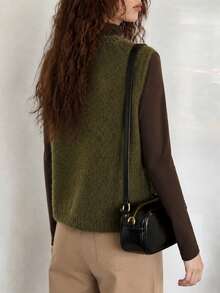 Women's Autumn Casual Minimalist Solid Color Zipper Design Cardigan Sweater Vest Fall - Dark Green - View 2