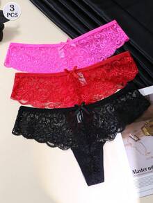 3pcs/Set Sexy Lace Thong Low Waist Panties For Women - Multicolor - View 3