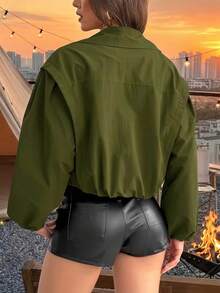 Jaket Polyester Lengan Panjang Fashion Wanita, Cocok untuk Dipakai di Musim Gugur/Musim Dingin, Jaket Penerbangan Panjang Standar yang Elegan - Dark Green - View 2