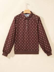 Acelitt Polka Dot Snap Button Collar Raglan Lantern Sleeve Cropped Sweatshirt - Brown - View 4