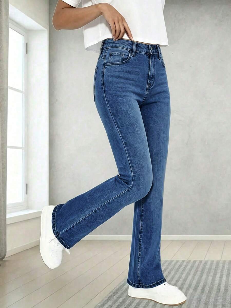 Teen Girl Classic Versatile Stretch Comfortable Flare Leg Jeans - Dark Wash - View 1
