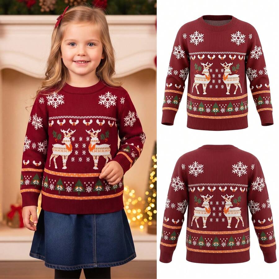 Young Girl Christmas Wine Red Deer & Christmas Tree Print Long Sleeve Crew Neck Fashionable Cute Sweater, Autumn/Winter - Red - View 1