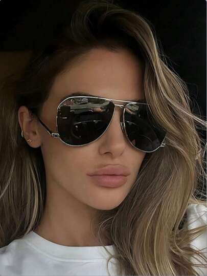 1 Pair Women's Popular European & American Retro Large Frame Metal Double Bridge Aviator Fashion Glasses, Personalized Vintage Outdoor Cool Street Style Decorative Fashion Glasses, Unisex Sun Protection