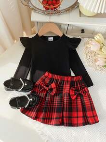 Set 2pcs Baju Rajut Lengan Panjang Bergaris untuk Bayi Perempuan & Rok Pita Kotak-kotak, Lucu untuk Musim Semi/Gugur - Hitam - View 3