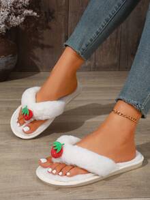 Cute Strawberry Fluffy Women's Flip Flops, Comfortable Plush Faux Fur Open Toe Slippers Sandals, Non-Slip Flat Bottom Indoor Bedroom Slippers - White - View 2
