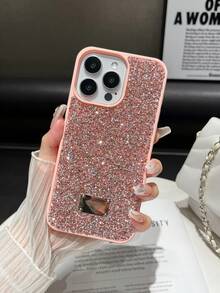 1pc Pink Skin-Feel Full Rhinestone Glitter Anti-Drop 2-In-1 Phone Case Compatible With 15promax/17promax/17ari/18pro/S25ultra - Pink - View 4