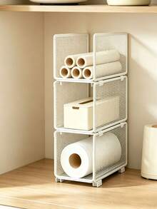 Space-Saving Storage Basket, Stackable Mesh Tiered Storage Racks, With Vertical Stacking Visual Mesh Aesthetic, Space-Maximizing Mesh Rack For Kitchen Paper, Plastic Wrap, And Spice Jars, Utility Racks, Kitchen Storage Organization Accessories - Multicolor - View 16