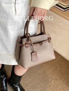 BELLEBORG 女款高級休閒拼色通勤復古帆布扣環百搭小方包手提包 - 灰色 - 查看 8