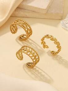 3pcs Stainless Steel 304 Material 18k Gold Plated Leaf Flower Rope Shape Open Ring Set, Adjustable Size, Suitable For Women's Daily Decoration Or Gift, High Quality Rings - Yellow Gold - View 1