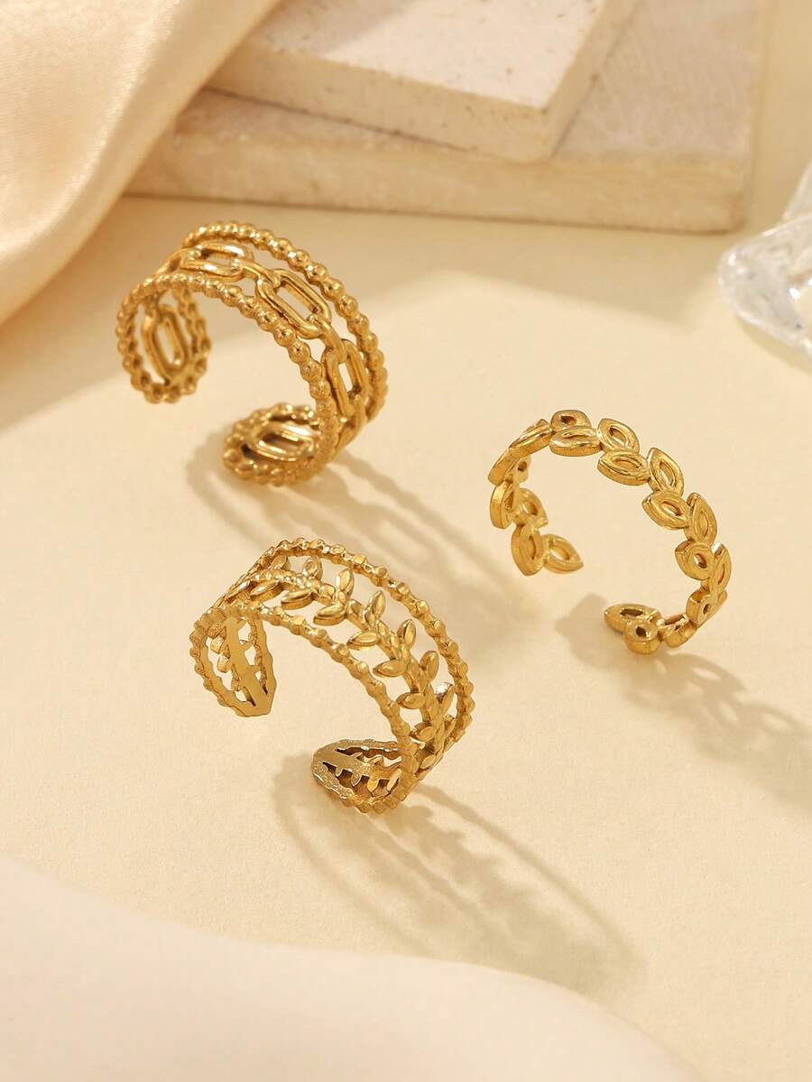 3pcs Stainless Steel 304 Material 18k Gold Plated Leaf Flower Rope Shape Open Ring Set, Adjustable Size, Suitable For Women's Daily Decoration Or Gift, High Quality Rings - Yellow Gold - View 1