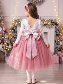 Young Girl Long Sleeve Lace Contrast Mesh Detachable Big Bow Flower Girl Wedding Party Evening Gown - Rusty Rose - View 11