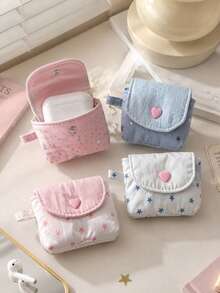 12/1pc Aesthetic Pastel Fabric Wireless Earphone Protective Case With Star Sequin Pattern And Heart-Shaped Snap Button, Mini Earphone Storage Bag, Portable Key And Coin Organizer, Suitable For University, Office, Daily Use, All Seasons - Multiple Colors and Styles - View 3