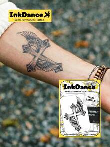 1 Set "Winged Cross" Revolutionary Technology Tattoo Stickers, Semi-Permanent Tattoos, Temporary Tattoos, Long Lasting, Angel Tattoos, Realistic Tattoos, Waterproof, Lifelike Tattoo Effect, InkDance Ink Dance Plant-Based X054 - Black - View 1