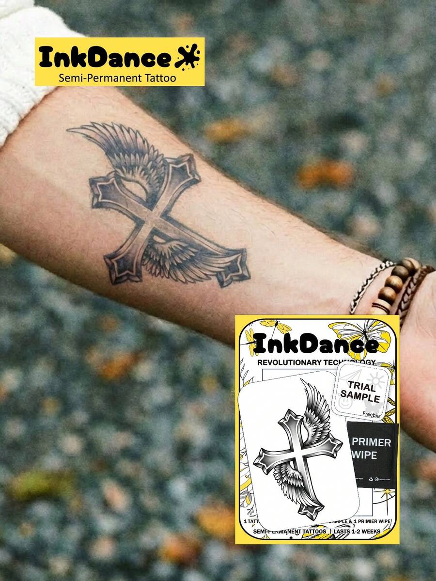 1 Set "Winged Cross" Revolutionary Technology Tattoo Stickers, Semi-Permanent Tattoos, Temporary Tattoos, Long Lasting, Angel Tattoos, Realistic Tattoos, Waterproof, Lifelike Tattoo Effect, InkDance Ink Dance Plant-Based X054 - Black - View 1