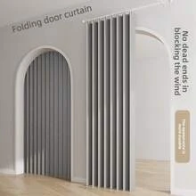 1PC Magnetic Folding Door Curtain, With Hanging Rings And Magnetic Closure, Beige And Grey Colors Available, Suitable For Living Room, Bedroom And Kitchen Space Partitioning, As Well As Room Decoration. - Door Curtain - View 3